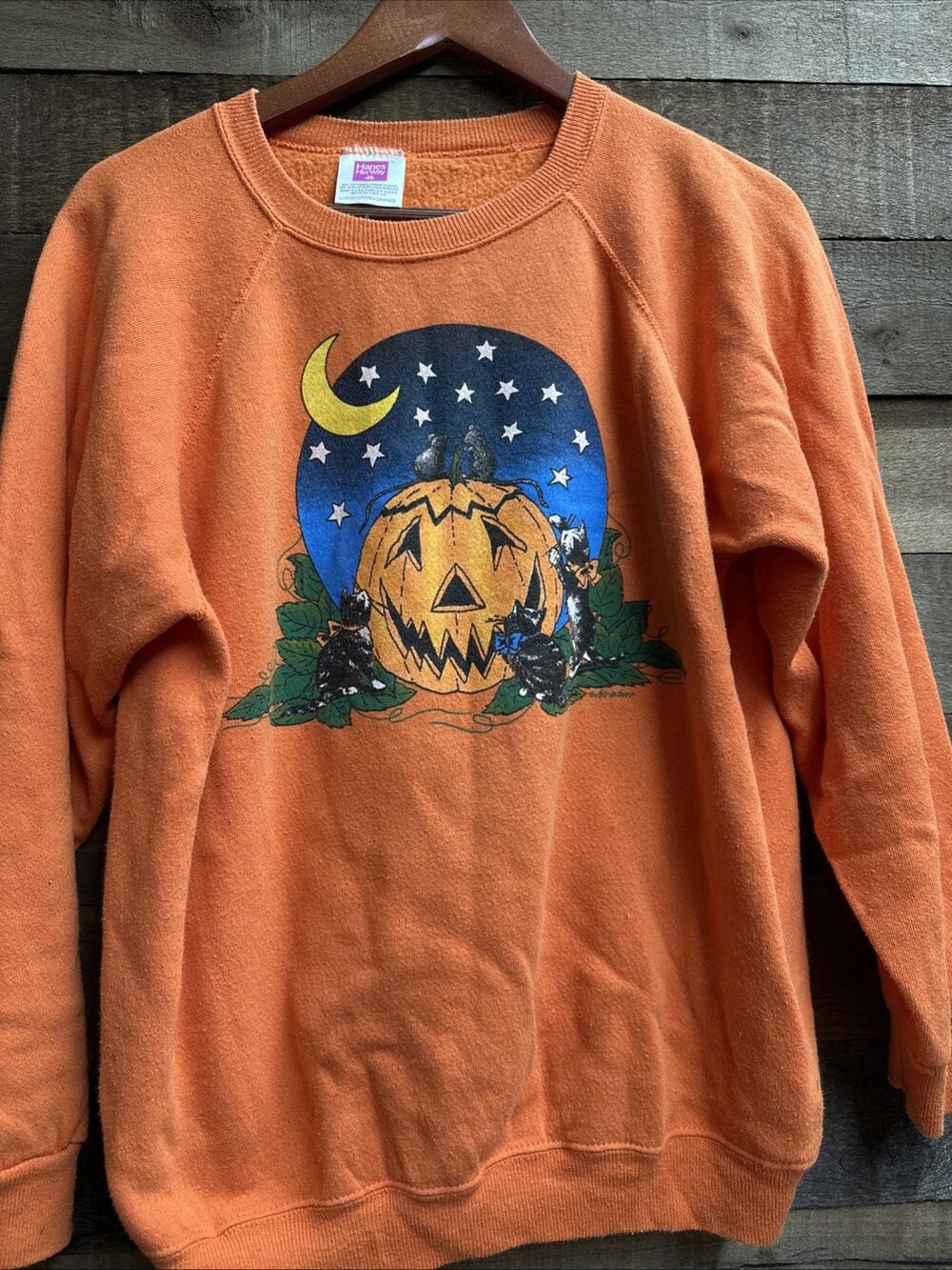 Vintage 80s-90s Halloween/Cat Womans Orange Sweatshirt Jack O Lantern L